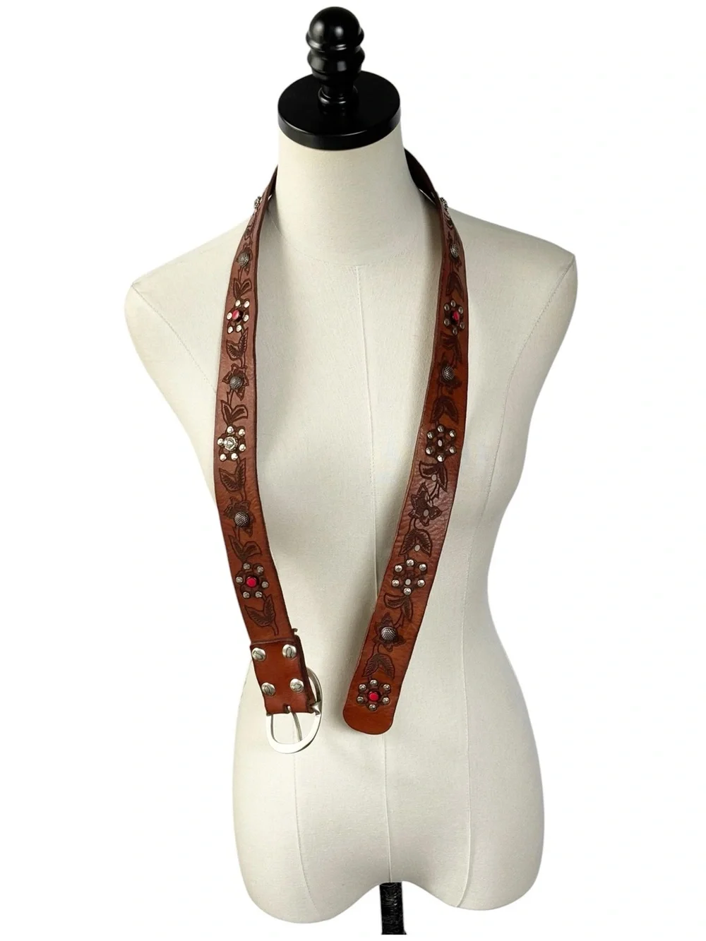 Campomaggi Iperico Cognac-coloured leather belt w/ metallic studs floral motif